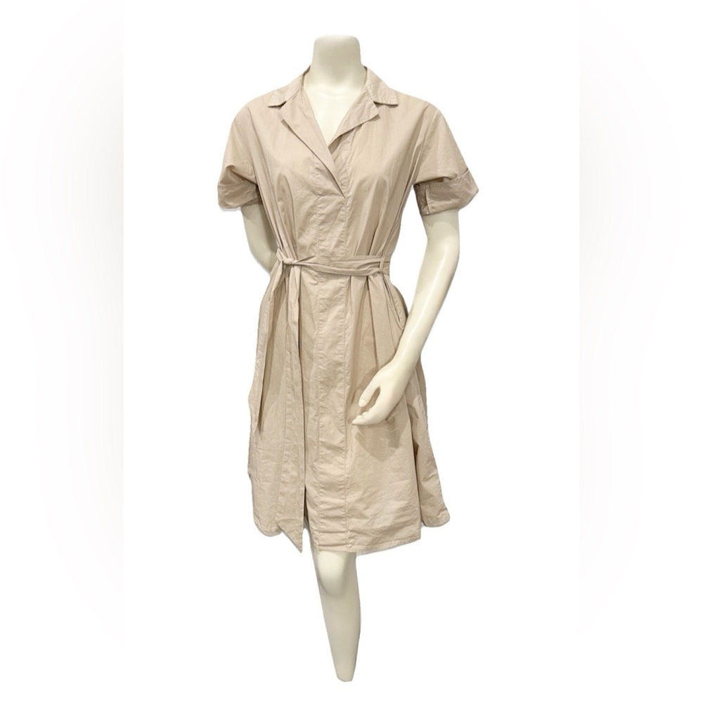 Melloday Beige Cotton Shirt Dress Small Tie Waist Pockets
